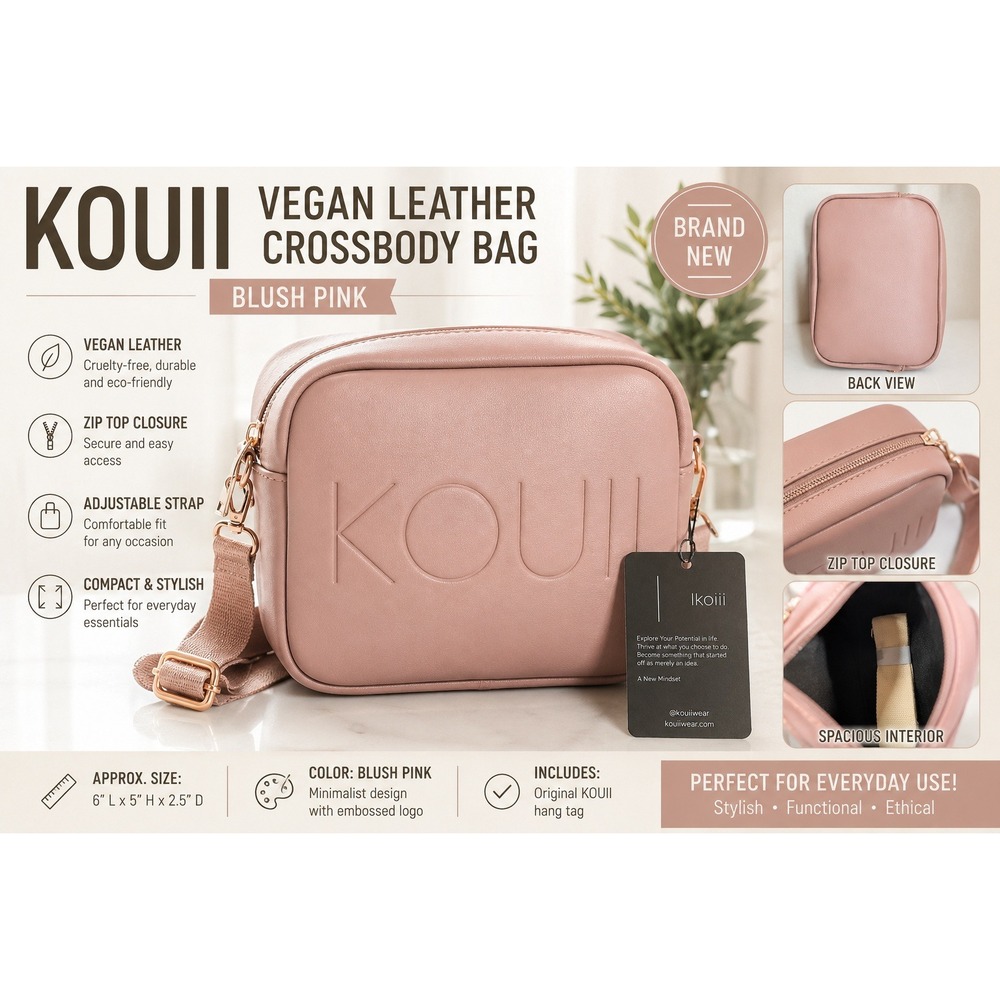 KOUII Crossbody‎ Camera Bag Dusty Rose Pink Vegan Leather Debossed Logo NWT